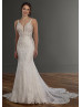 Beaded Ivory Lace Tulle Pearl Deep V Buttons Back Wedding Dress Beaded Ivory Lace Tulle Pearl Deep V Buttons Back Wedding Dress